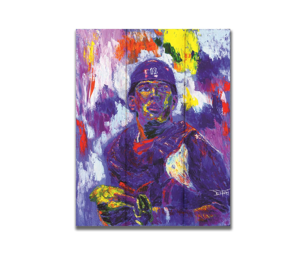 A painting of Salvador Johan Pérez Díazof of the Kansas City Royals baseball team, painted in a purple, red, yellow, and white palette. Printed on a box board.