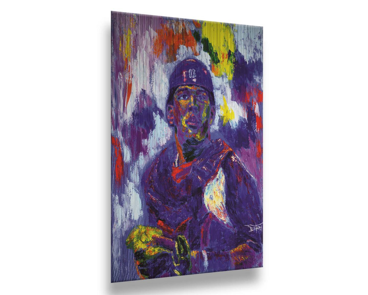 A painting of Salvador Johan Pérez Díazof of the Kansas City Royals baseball team, painted in a purple, red, yellow, and white palette. Printed on metal.
