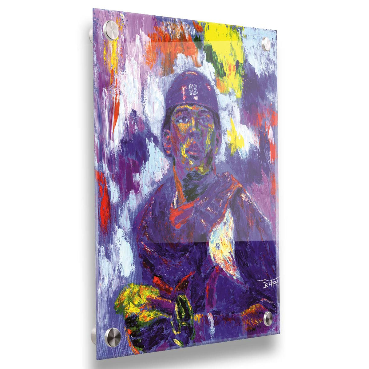 A painting of Salvador Johan Pérez Díazof of the Kansas City Royals baseball team, painted in a purple, red, yellow, and white palette. Printed on acrylic.