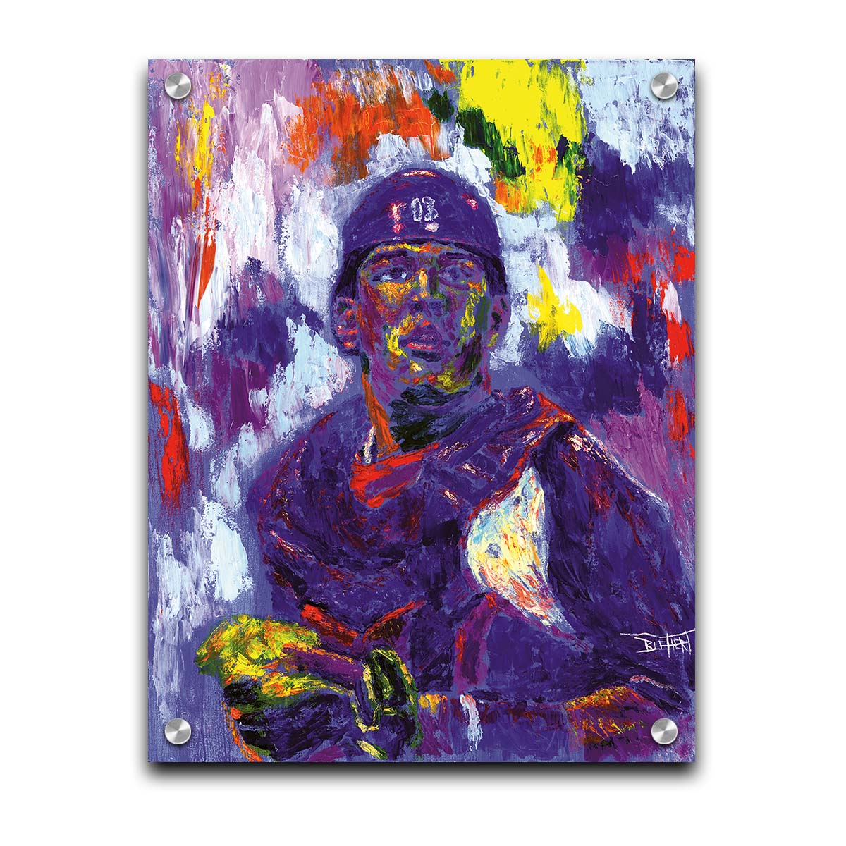 A painting of Salvador Johan Pérez Díazof of the Kansas City Royals baseball team, painted in a purple, red, yellow, and white palette. Printed on acrylic.