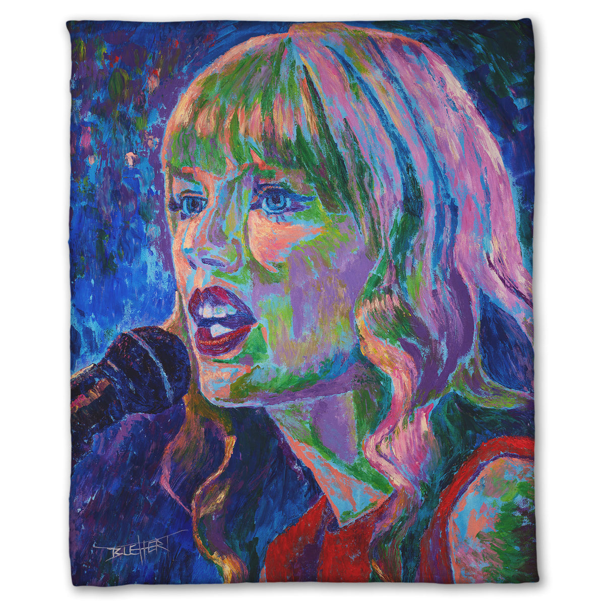 Coral fleece blanket with a colorful portrait of Taylor Swift singing into a microphone.