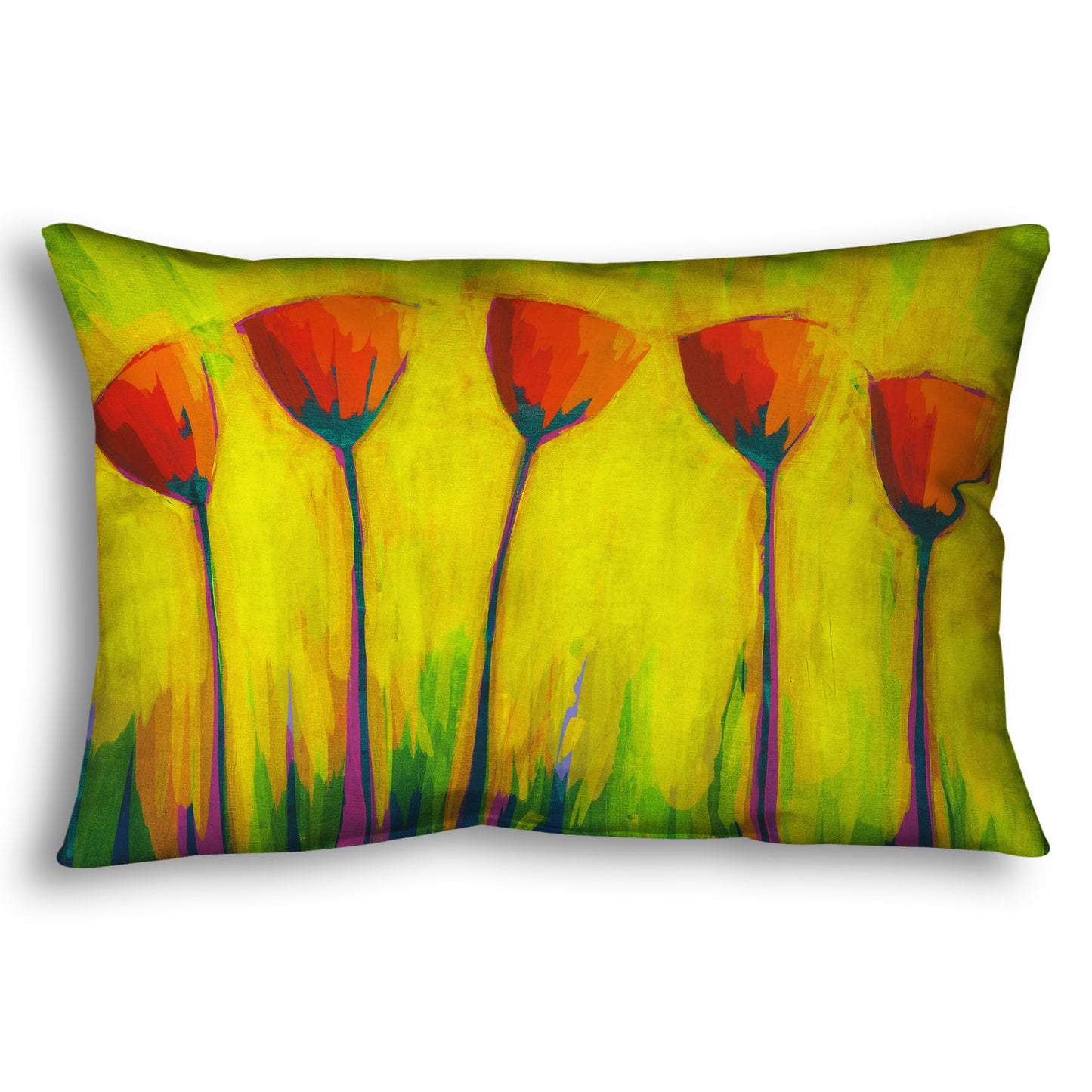 A throw pillow designed with a painting of five simplified red flowers against a striking yellow and green background.