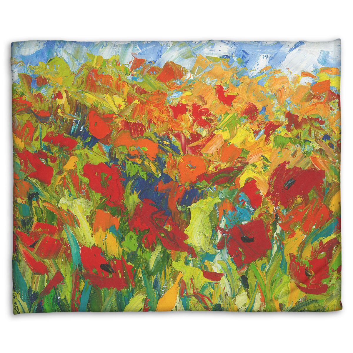A coral fleece blanket designed with a painting of a field of red and orange flowers, stylized in expressive large brushstrokes.