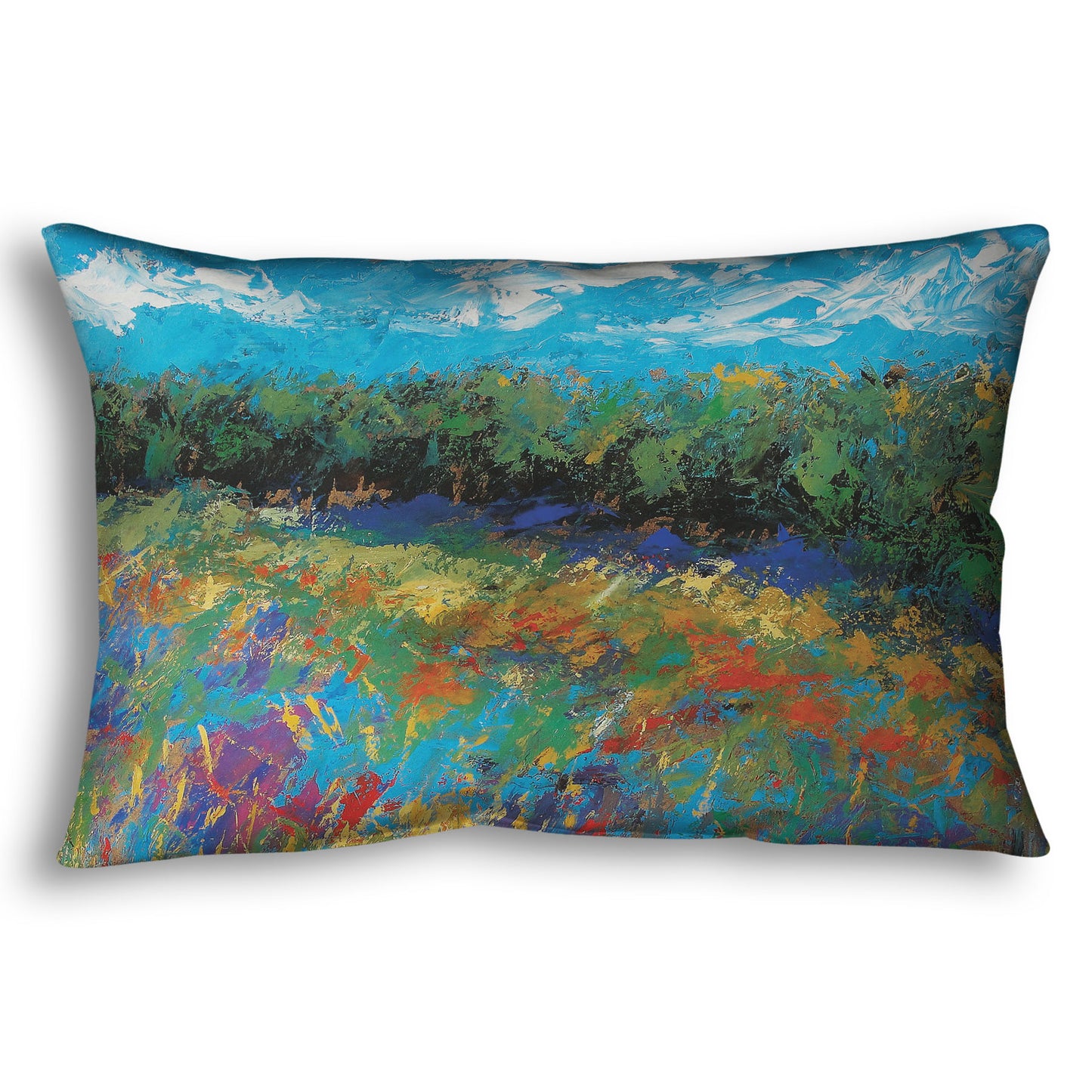 A throw pillow designed with an expressive painting of a field of flowers, created in bold strokes of color.
