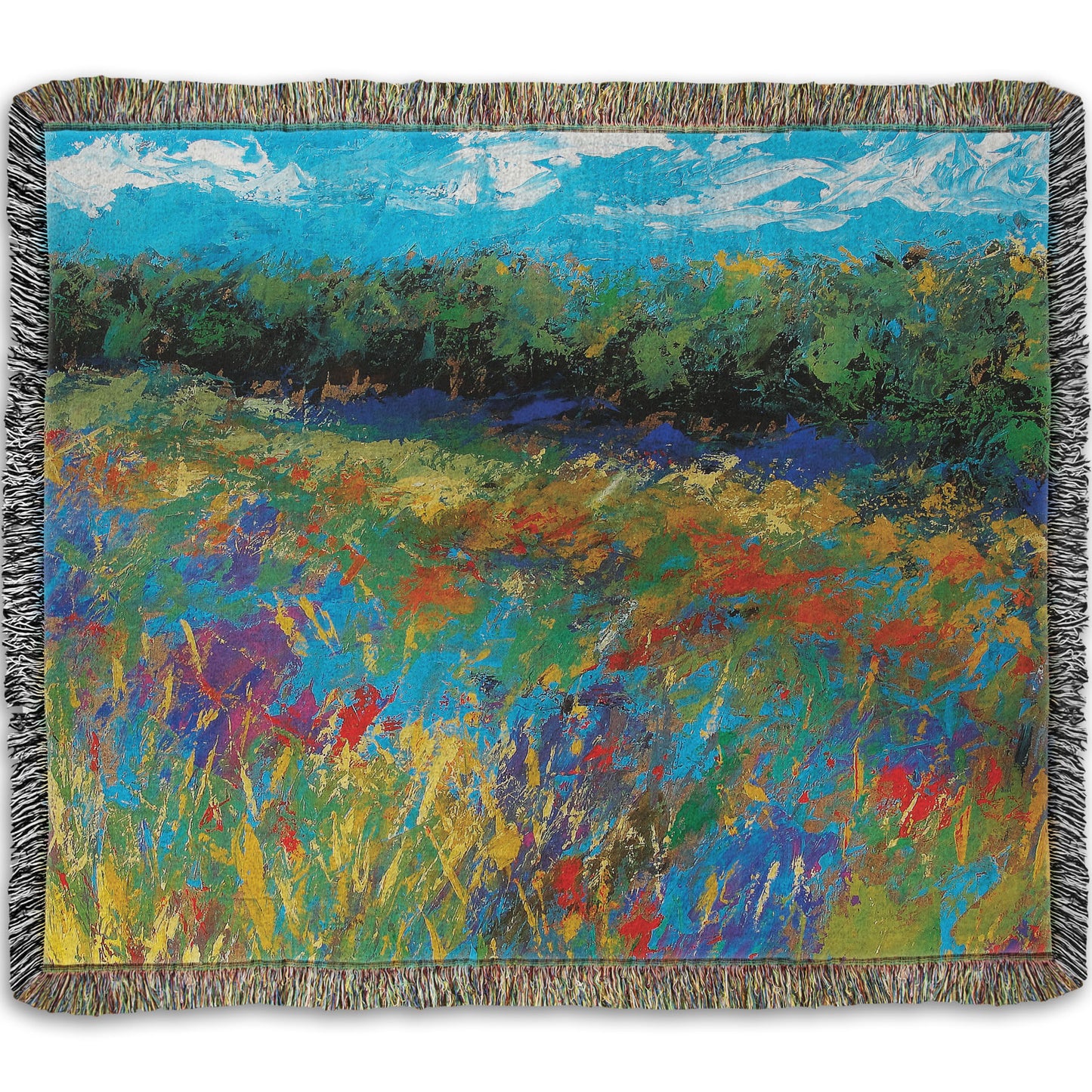 A woven throw blanket designed with an expressive painting of a field of flowers, created in bold strokes of color.
