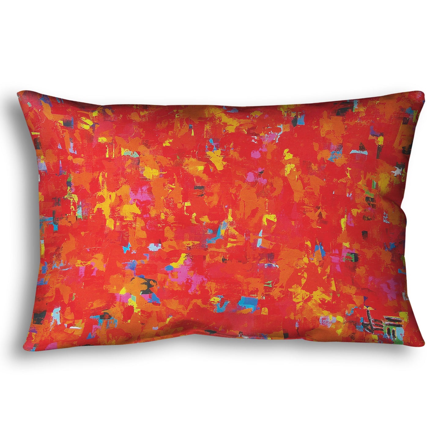 Pillow designed with a painting of an abstract organic pattern of red, orange, and yellow accented by blue, pink, green, black, and white.