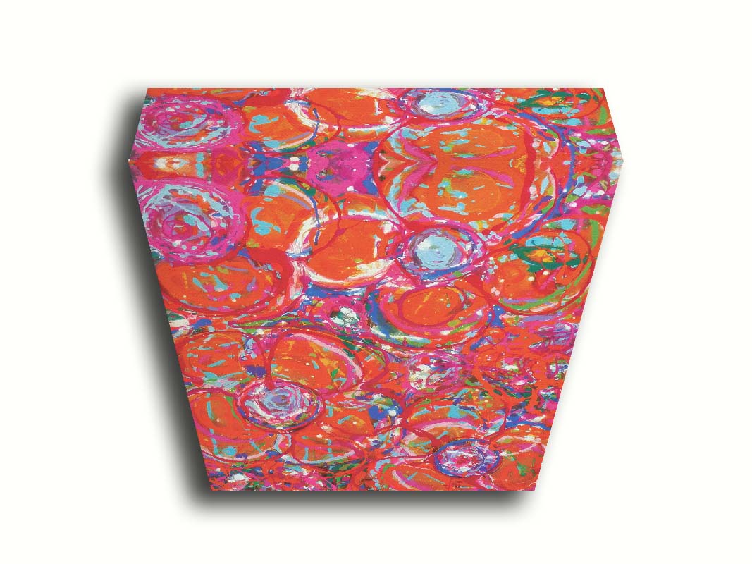 A drip painting of a cluster of abstracted flowers created with splatters of orange, red, and pink with accents of green, blue, yellow, and purple. Printed on canvas.