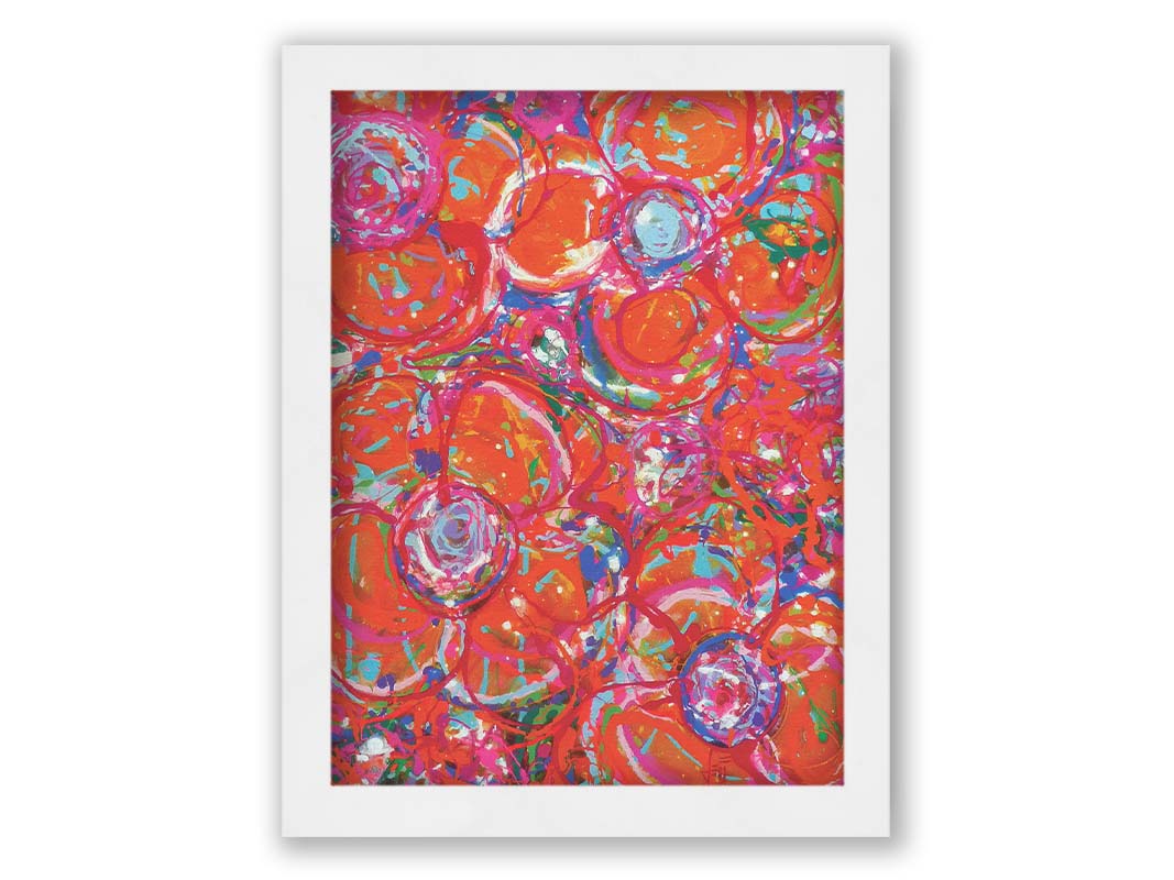 A drip painting of a cluster of abstracted flowers created with splatters of orange, red, and pink with accents of green, blue, yellow, and purple. Printed on canvas and framed.