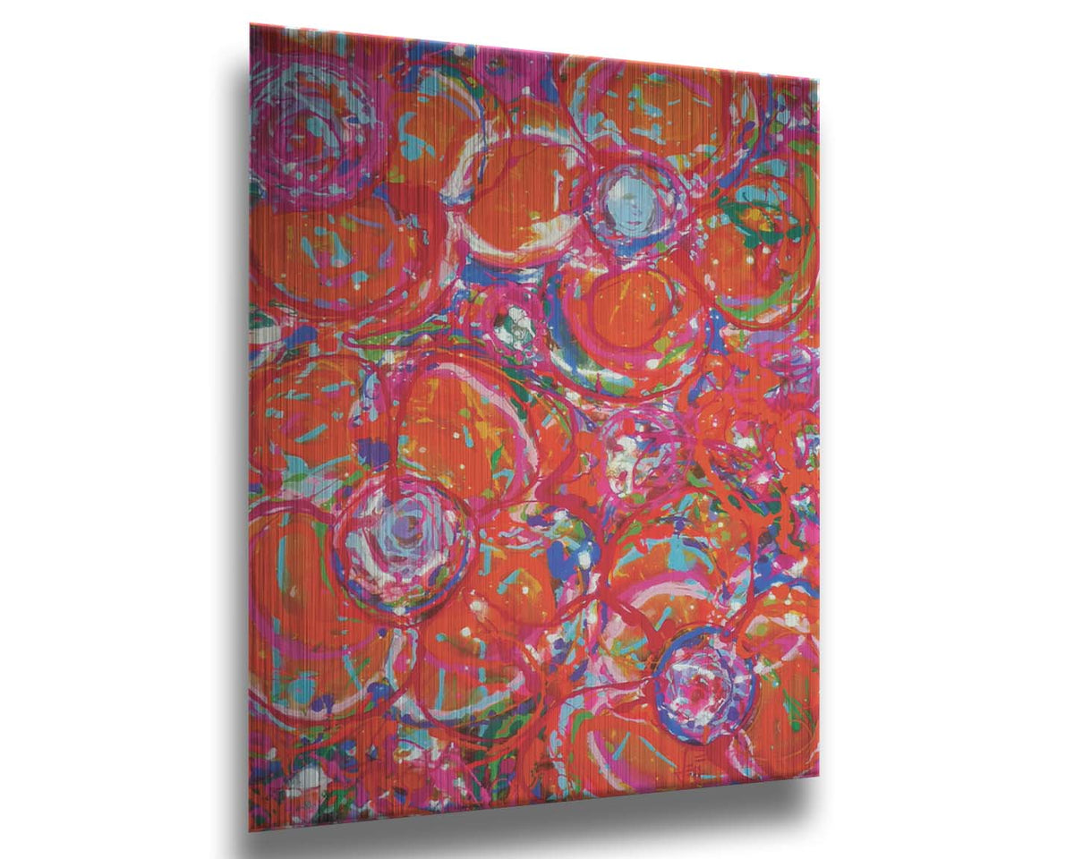 A drip painting of a cluster of abstracted flowers created with splatters of orange, red, and pink with accents of green, blue, yellow, and purple. Printed on metal.