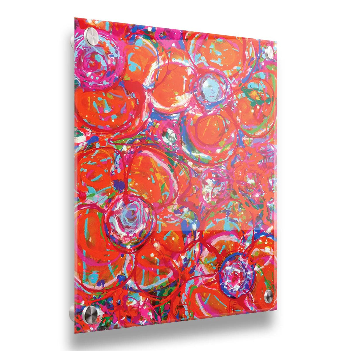 A drip painting of a cluster of abstracted flowers created with splatters of orange, red, and pink with accents of green, blue, yellow, and purple. Printed on acrylic.