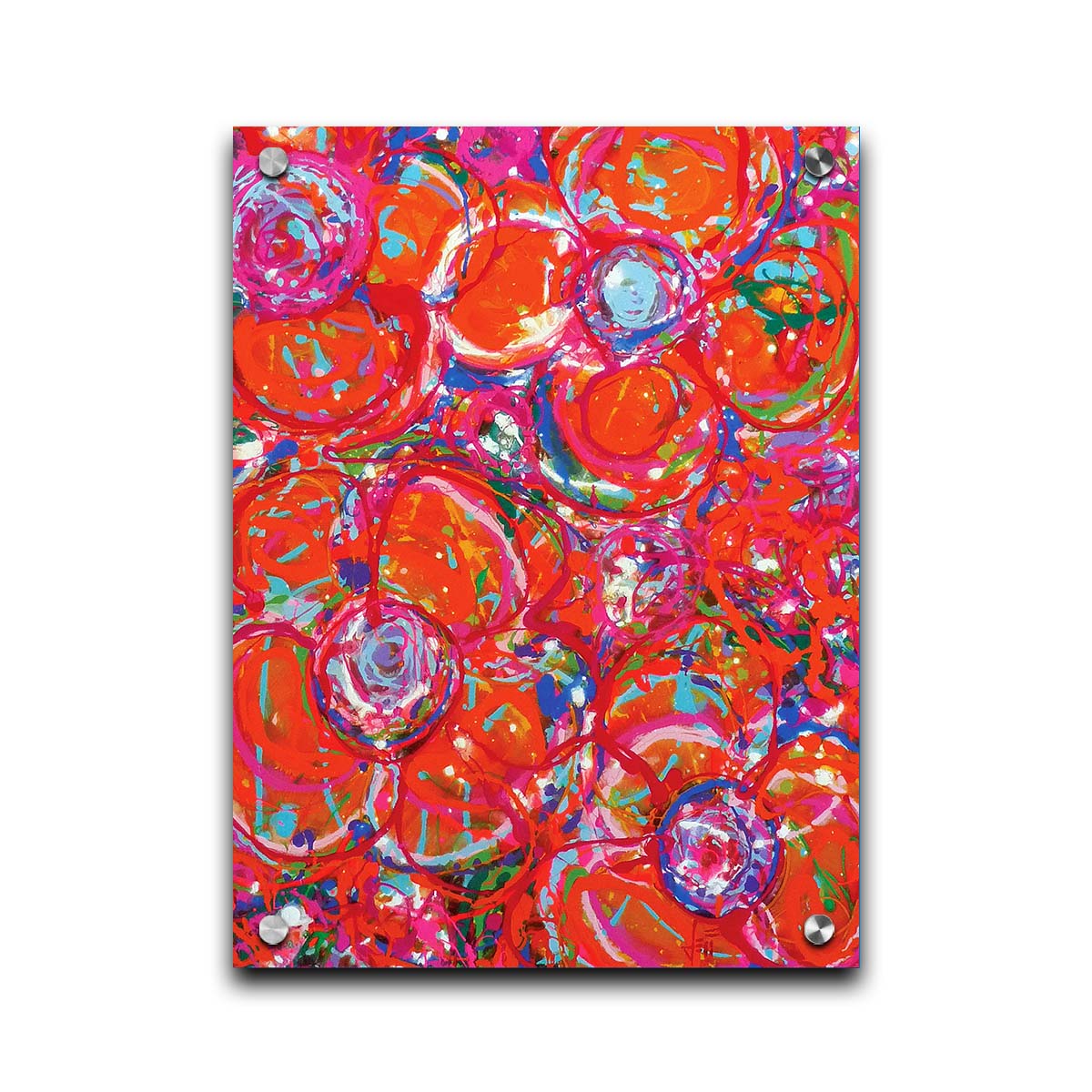 A drip painting of a cluster of abstracted flowers created with splatters of orange, red, and pink with accents of green, blue, yellow, and purple. Printed on acrylic.