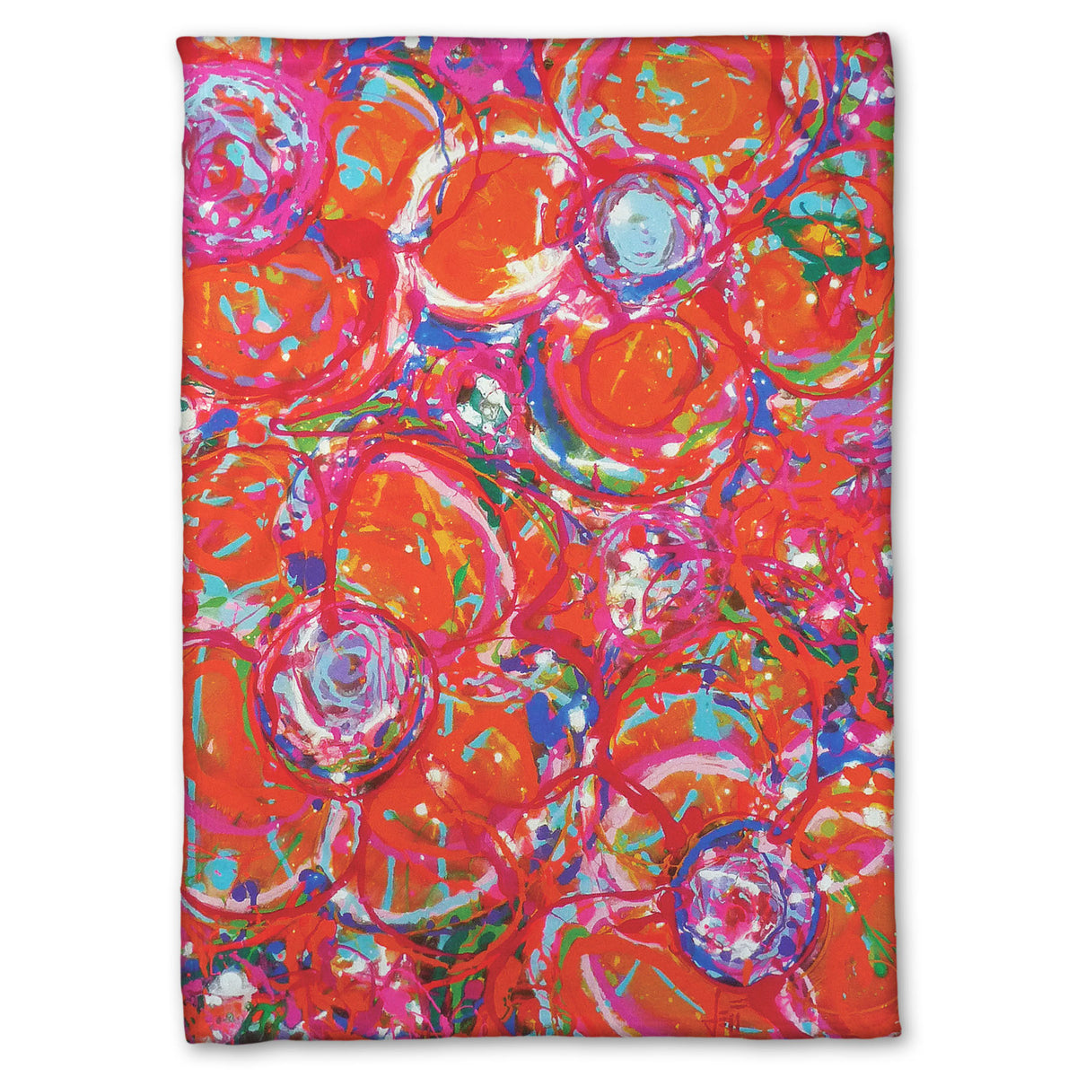 A fleece blanket designed with a drip painting of a cluster of abstracted flowers created with splatters of orange, red, and pink with accents of green, blue, yellow, and purple.