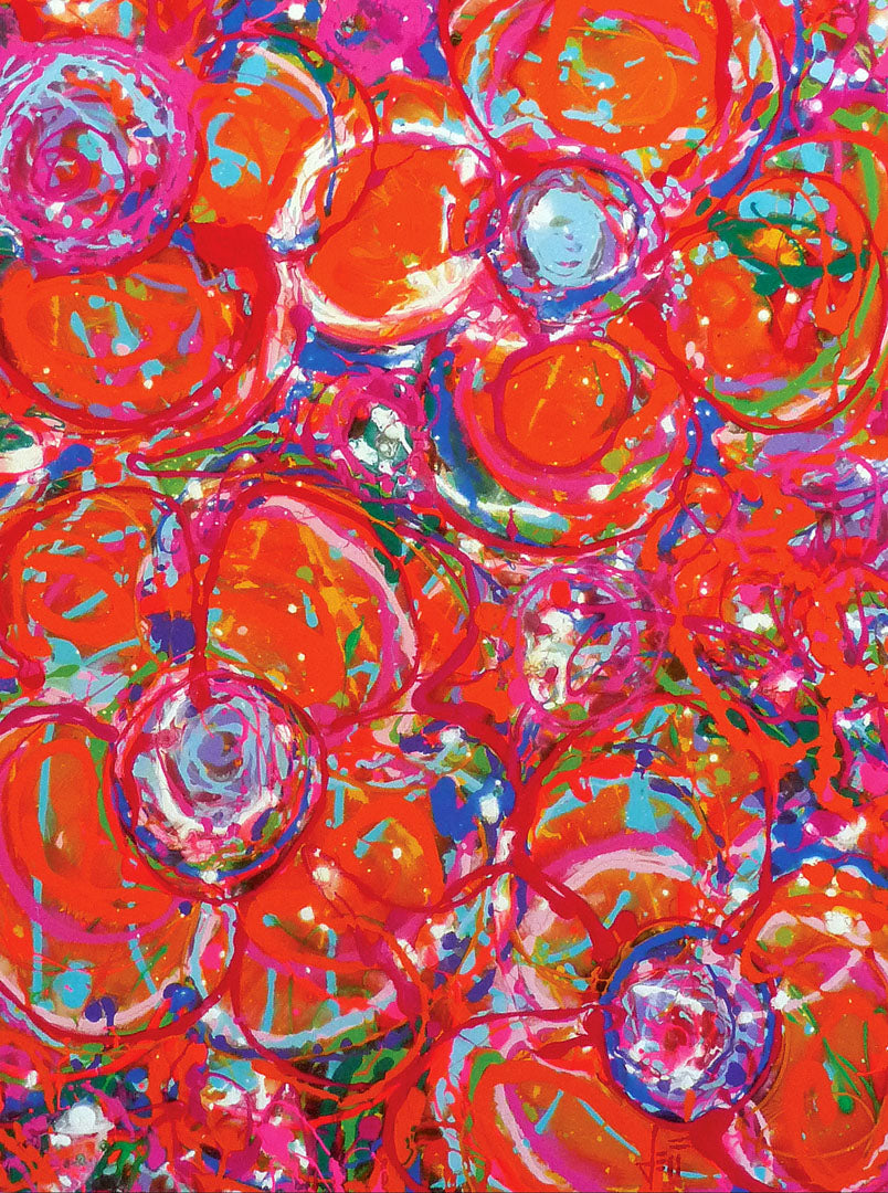 A drip painting of a cluster of abstracted flowers created with splatters of orange, red, and pink with accents of green, blue, yellow, and purple.