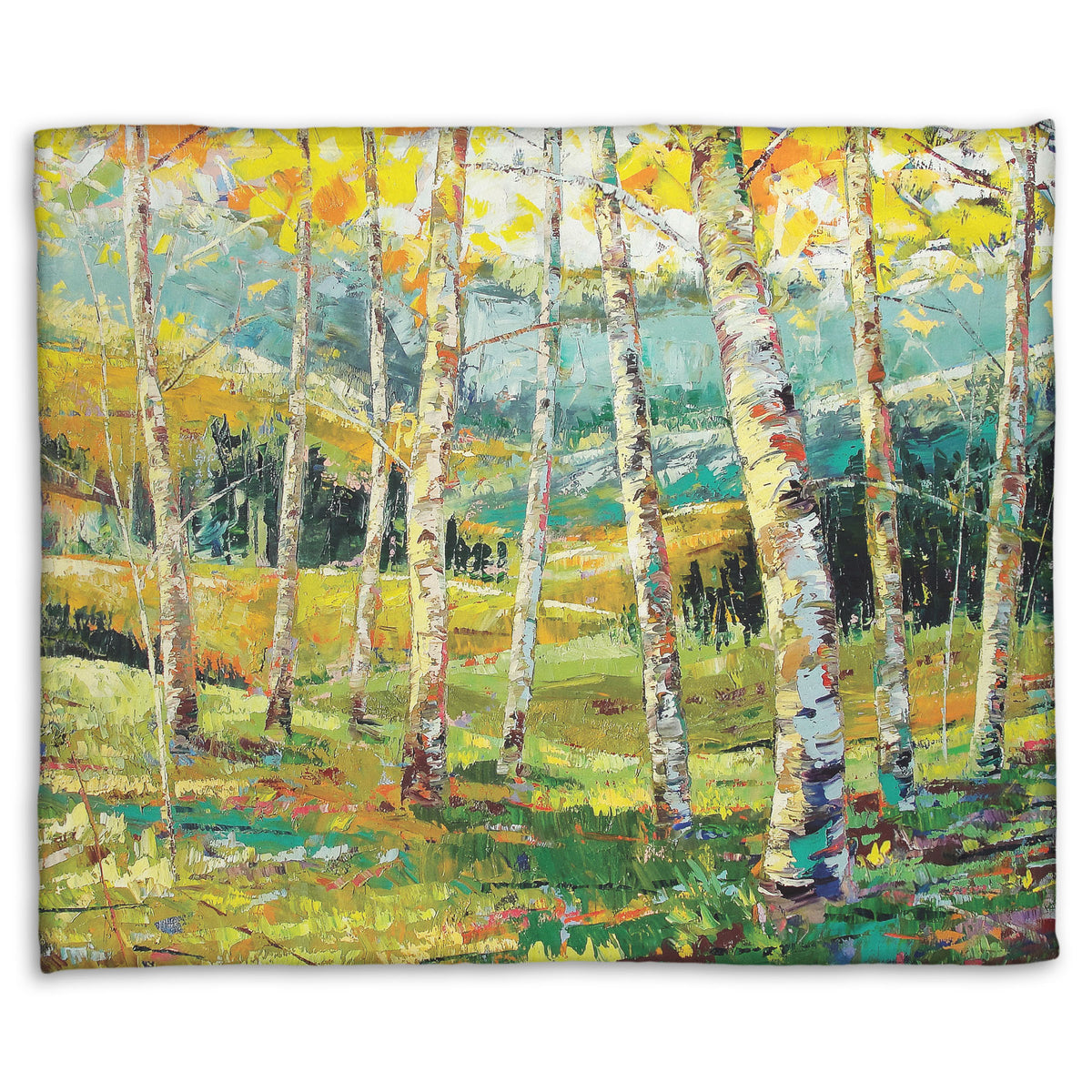 A fleece blanket designed with an expressive painting of a birch forest with the yellow leaves of fall.