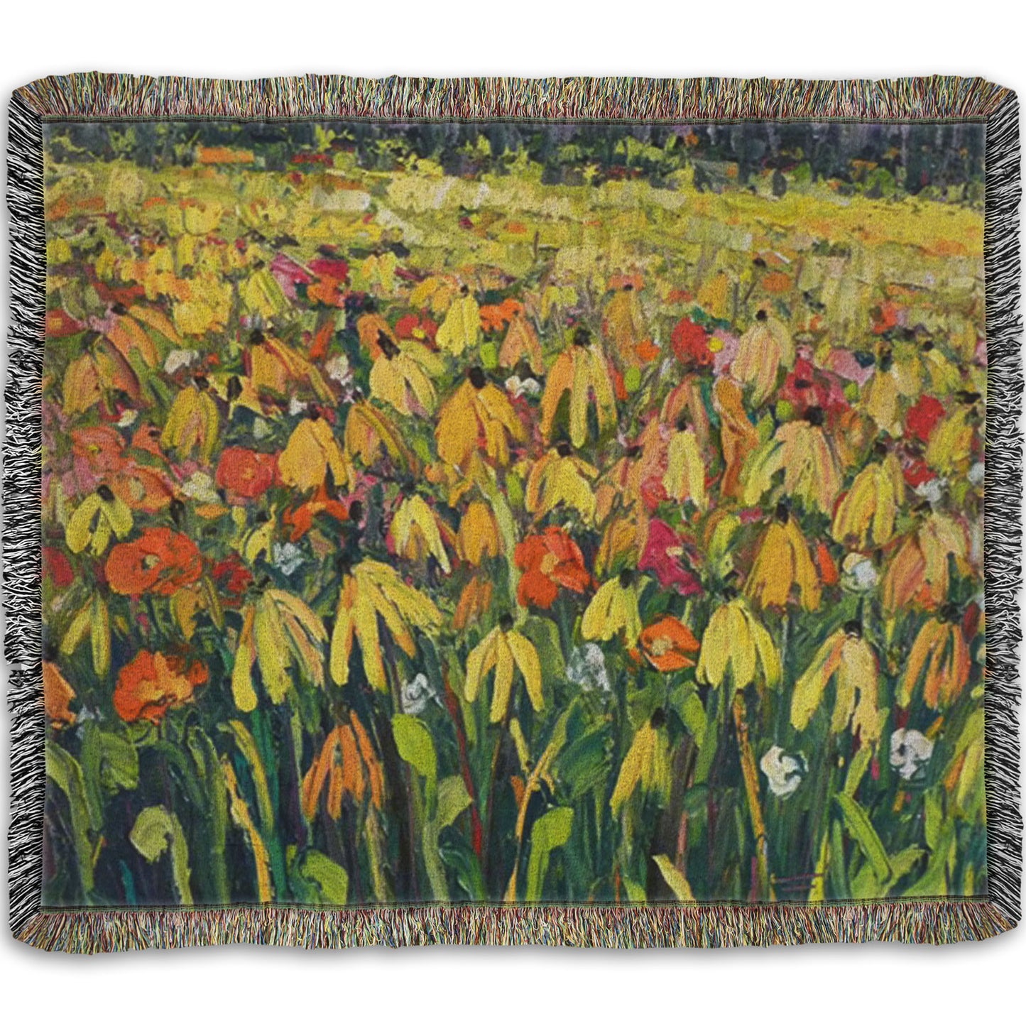 A woven throw blanket designed with a painting of a field of yellow coneflowers, accented by other orange, pink, red, and white wildflowers.