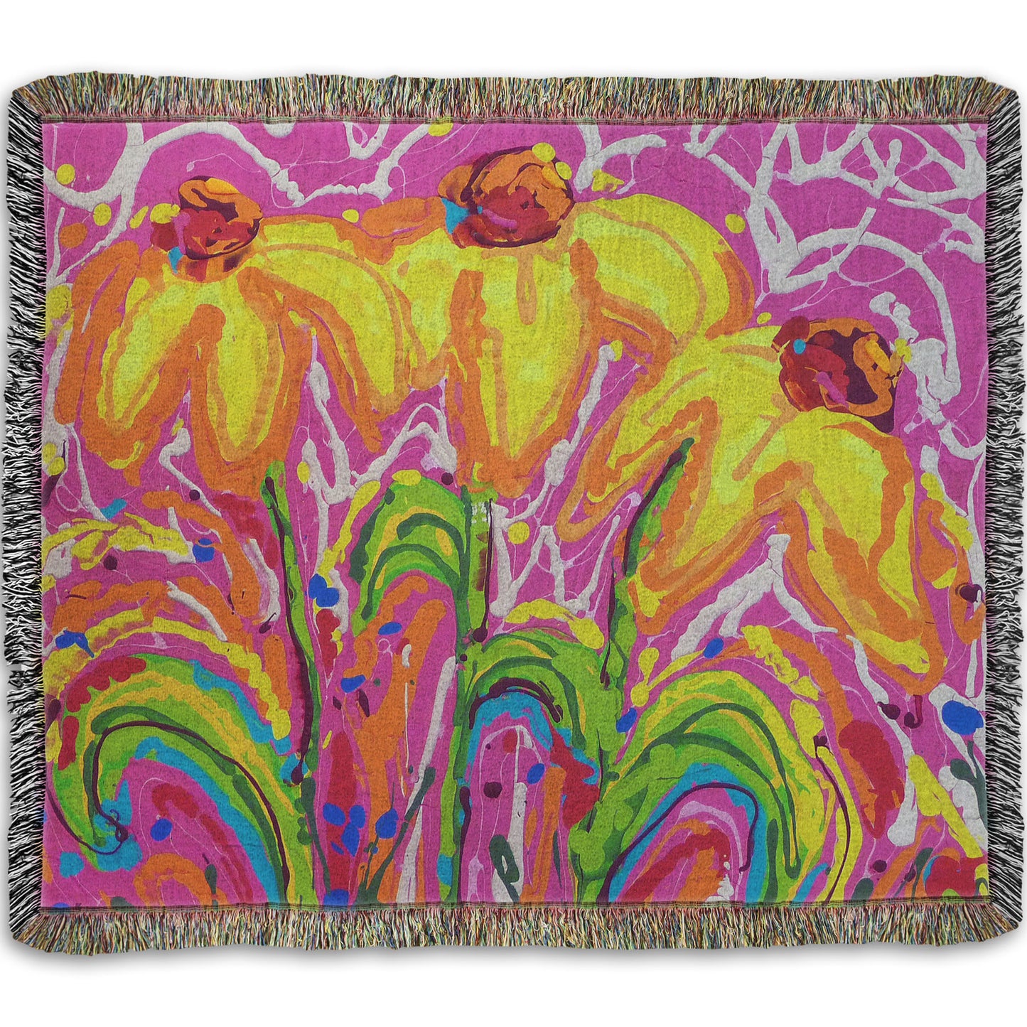 A woven blanket designed with a drip painting of three yellow wildflowers on a pink background, accented by orange, blue, green, and white.