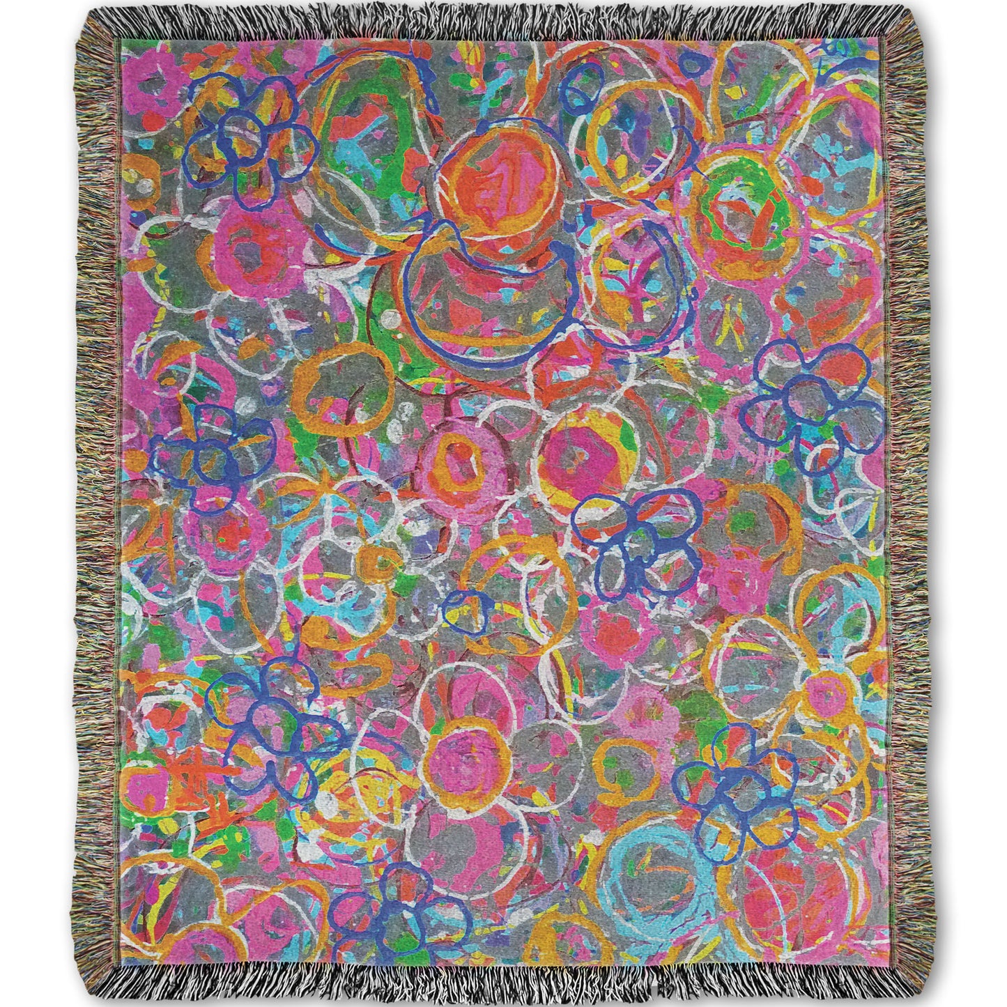 A woven throw blanket designed with an abstract drip painting of many simplified flower shapes, utilizing a wide range of bright colors.