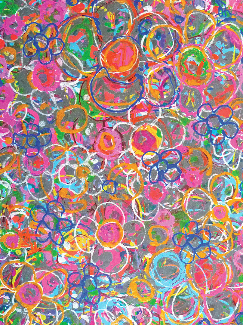 An abstract drip painting of many simplified flower shapes, utilizing a wide range of bright colors.