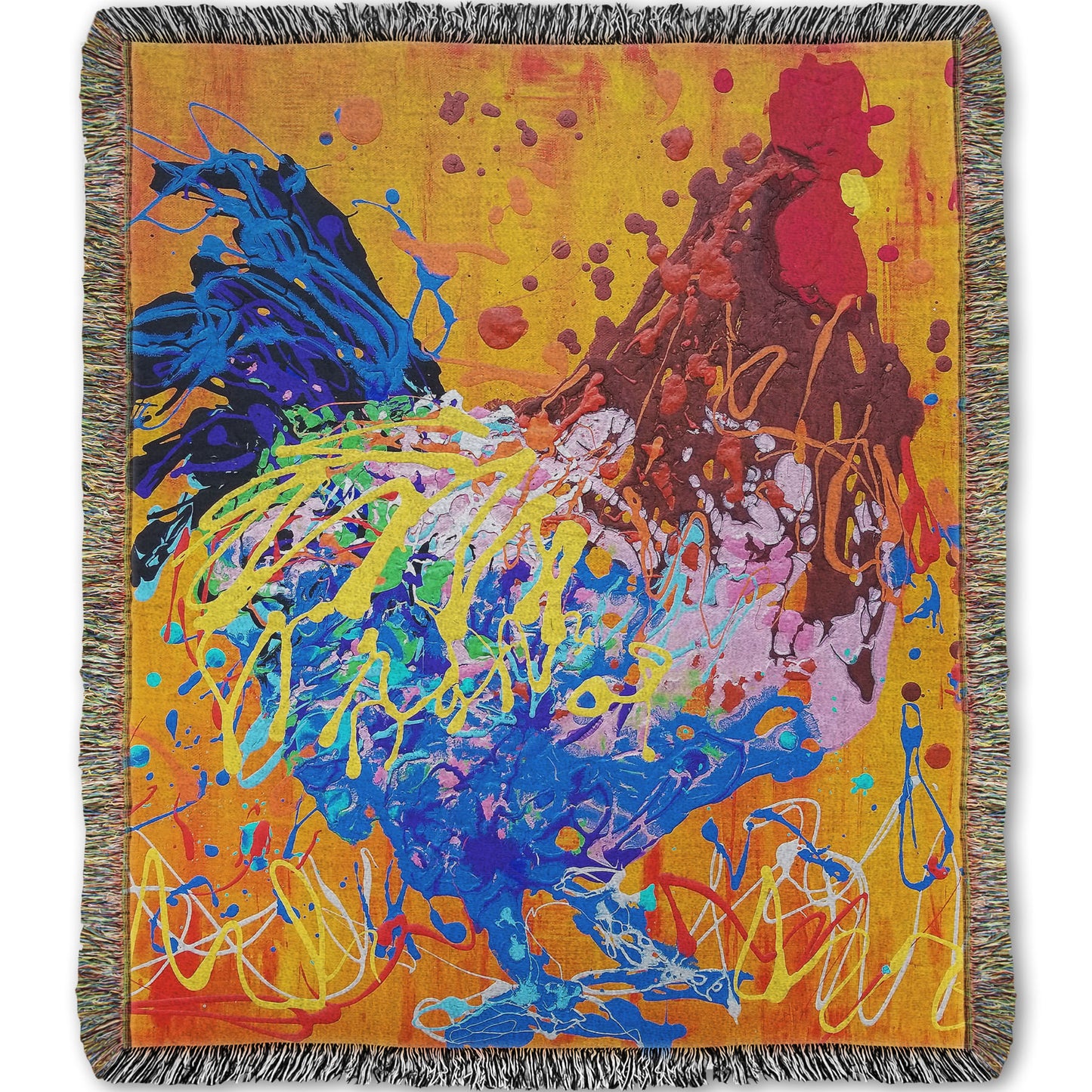 A woven throw blanket designed with a drip painting of a brown and blue rooster on a vibrant orange background, splattered with accents of yellow, white, and red.