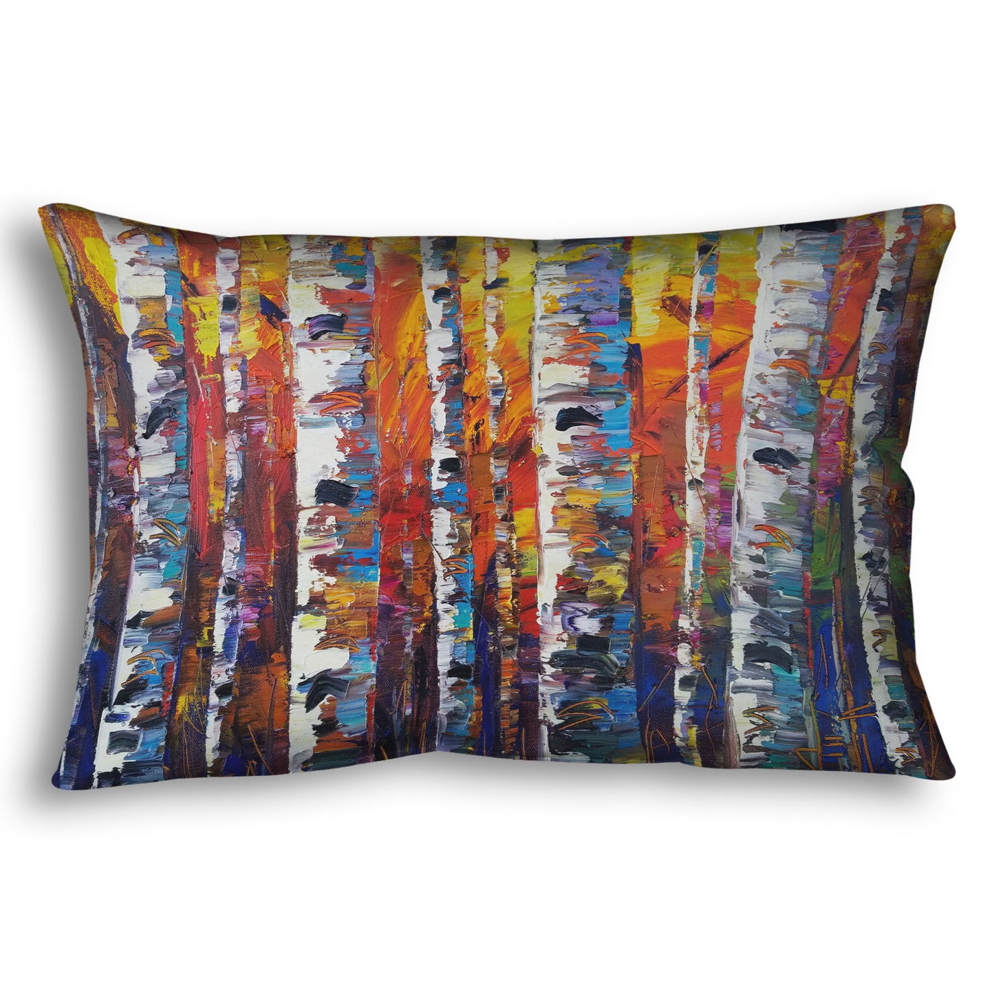 A rectangular throw pillow designed with a colorful painting of a forest of birch trees in arbitrary color, with white trunks against a yellow, red, and blue background made of large swaths of pallet knife paint.