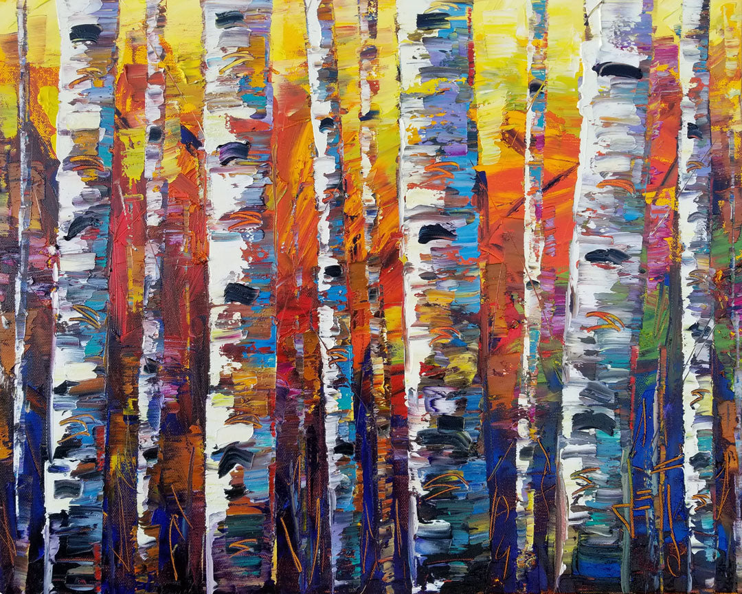 A colorful painting of a forest of birch trees in arbitrary color, with white trunks against a yellow, red, and blue background made of large swaths of pallet knife paint.