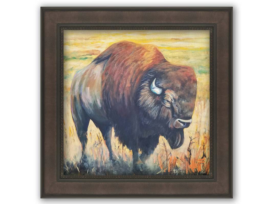 A painting of an American bison, standing in a light yellow field. Printed on canvas and framed.