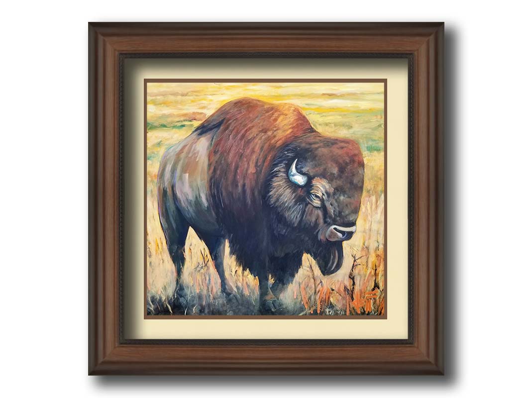 A painting of an American bison, standing in a light yellow field. Printed on paper, matted, and framed.