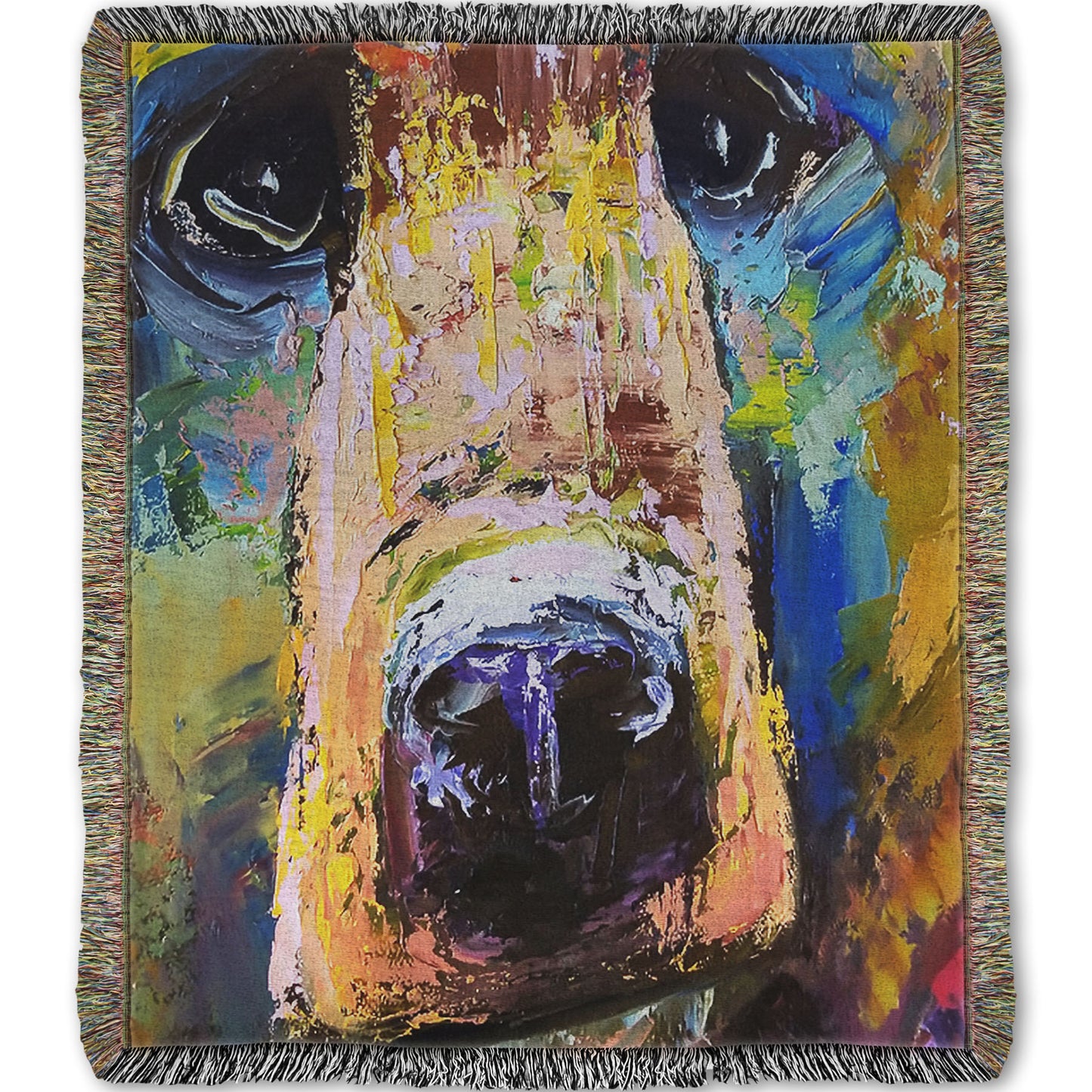 A woven throw blanket designed with a painting of a bear's face closeup, accented with blue and yellow.