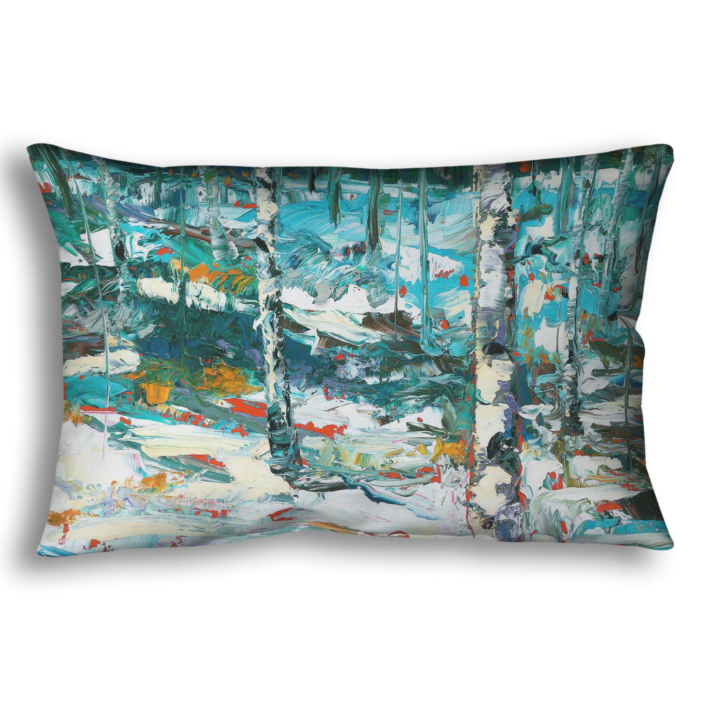 A throw pillow designed with an expressive painting of a snowy birch forest.