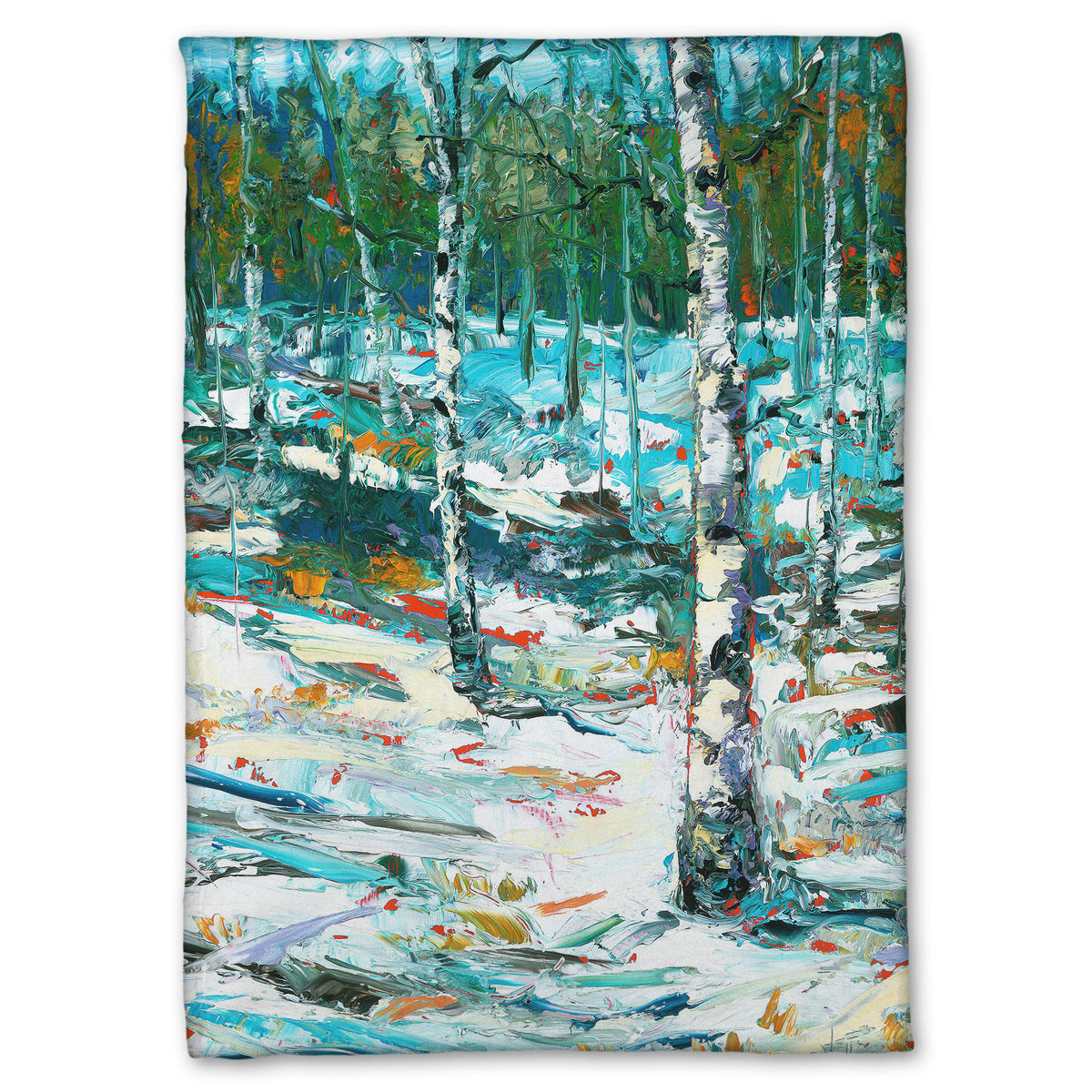 A coral fleece blanket designed with an expressive painting of a snowy birch forest.