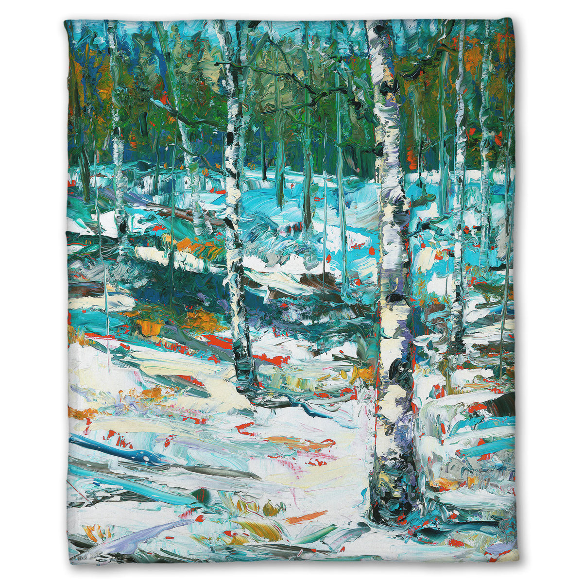 A coral fleece blanket designed with an expressive painting of a snowy birch forest.