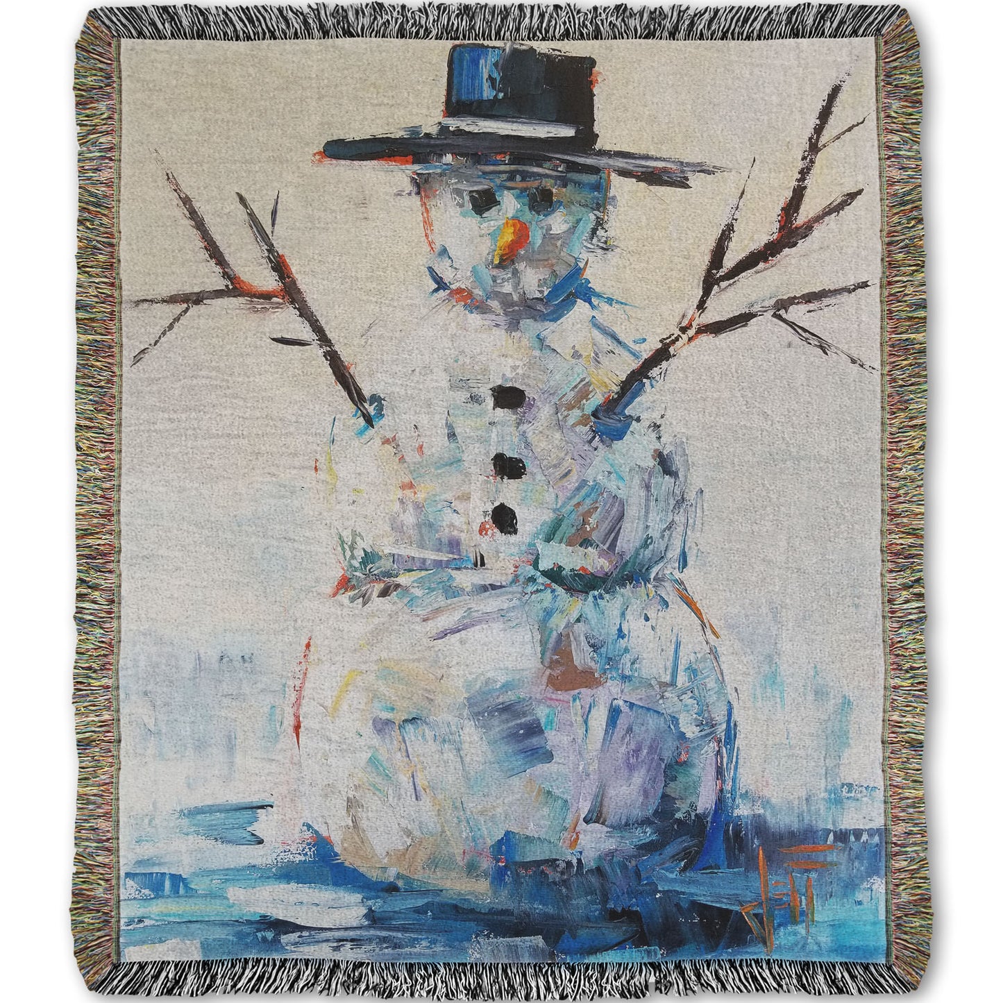 Woven blanket decorated with an abstract painting of a snowman.