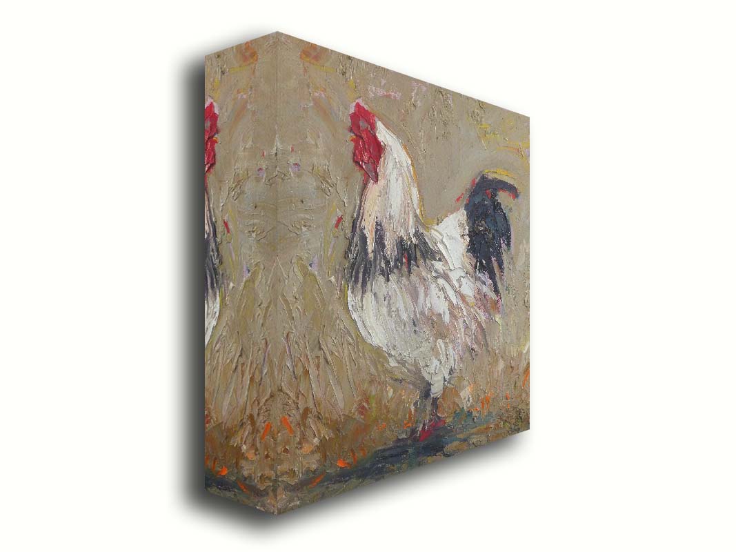 A painting of a white rooster on a tan background. Printed on canvas.