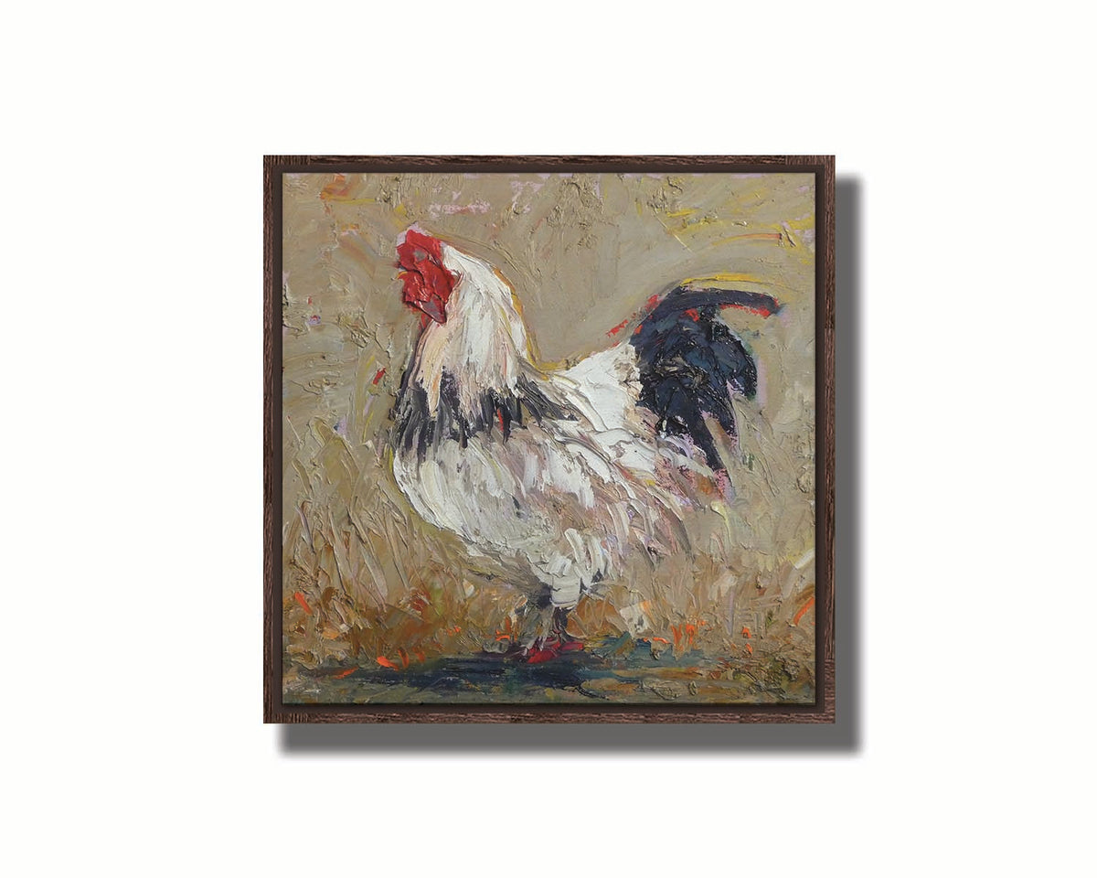 A painting of a white rooster on a tan background. Printed on canvas in a float frame.