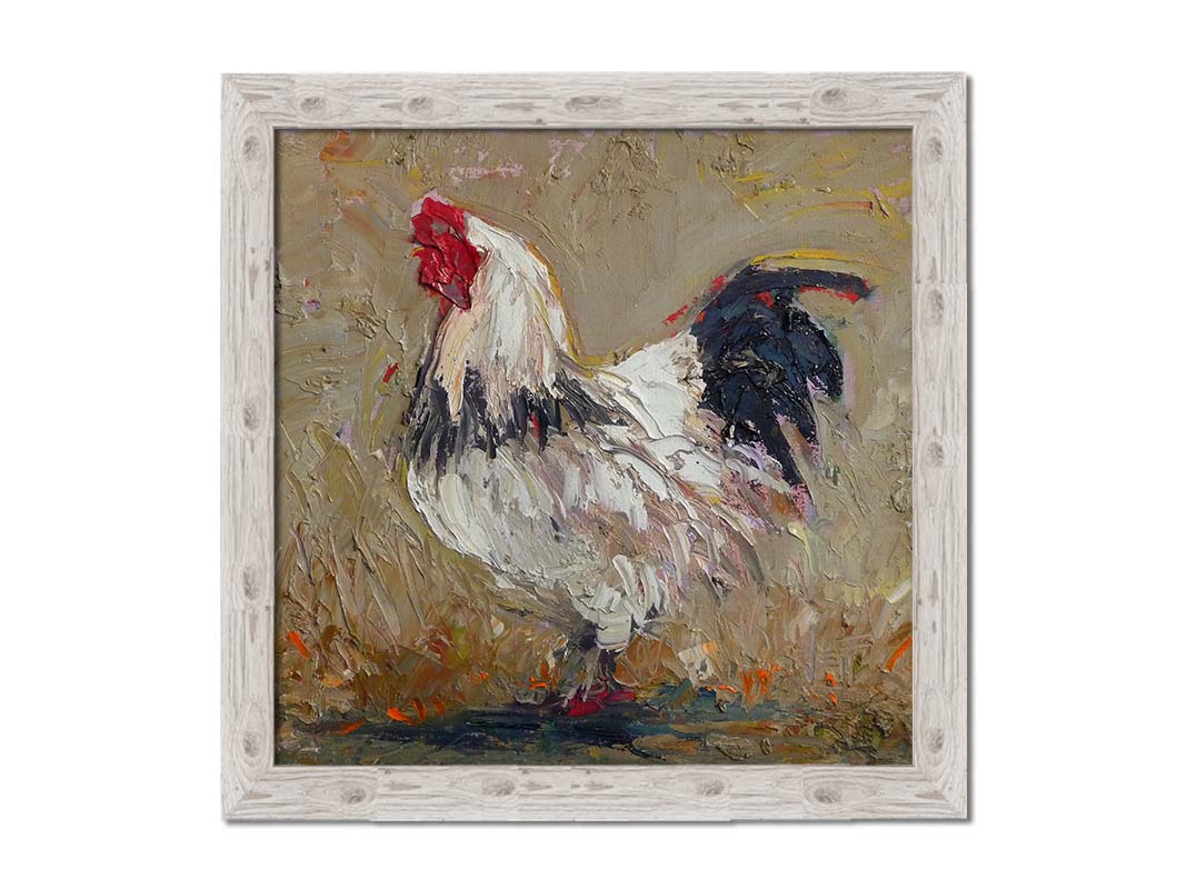 A painting of a white rooster on a tan background. Printed on canvas and framed.