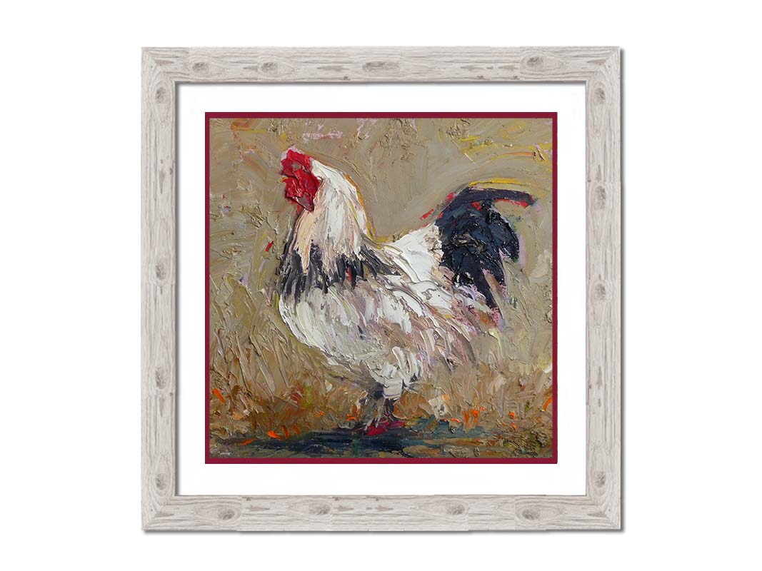 A painting of a white rooster on a tan background. Printed on paper, matted, and framed.