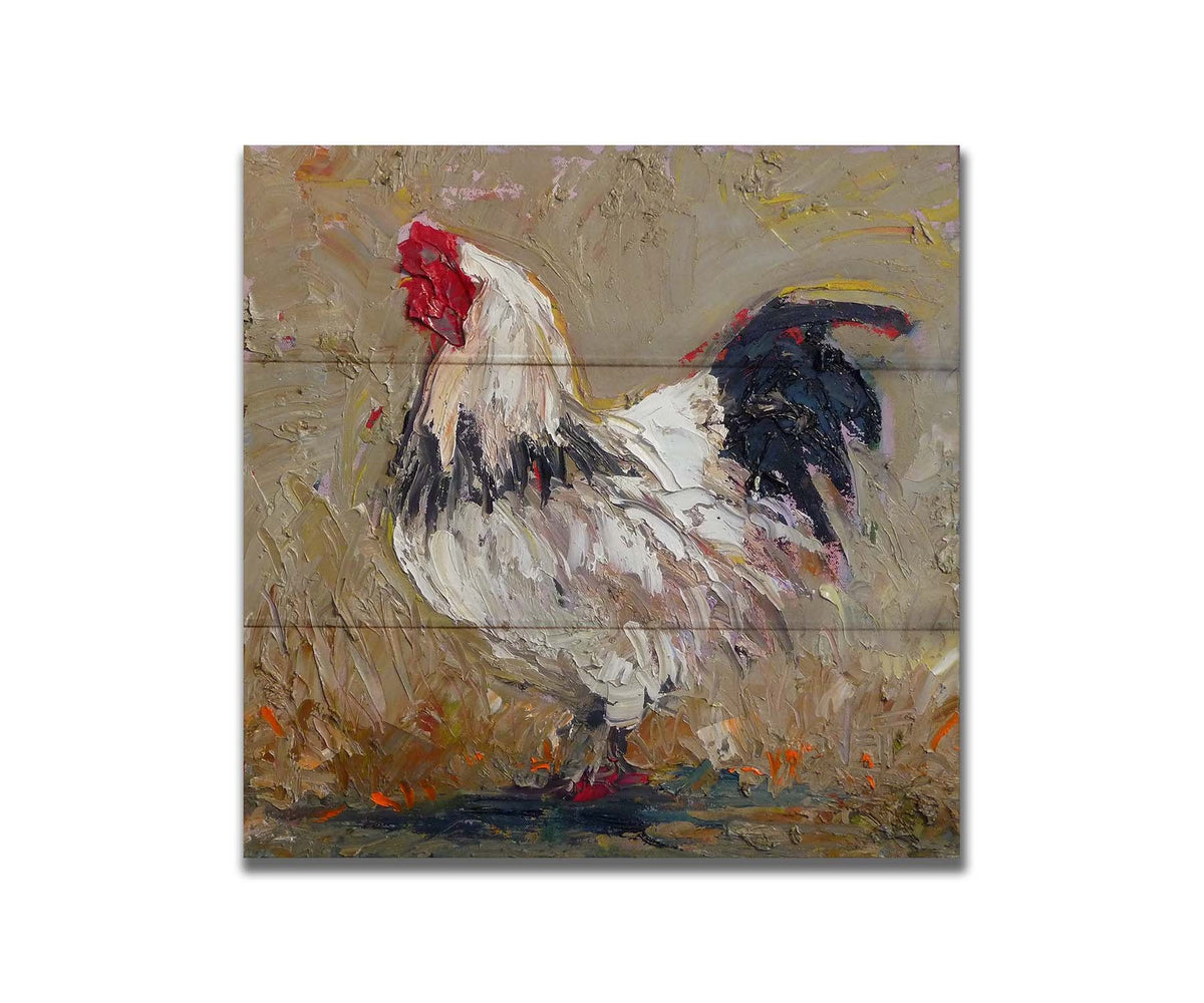 A painting of a white rooster on a tan background. Printed on a box board.
