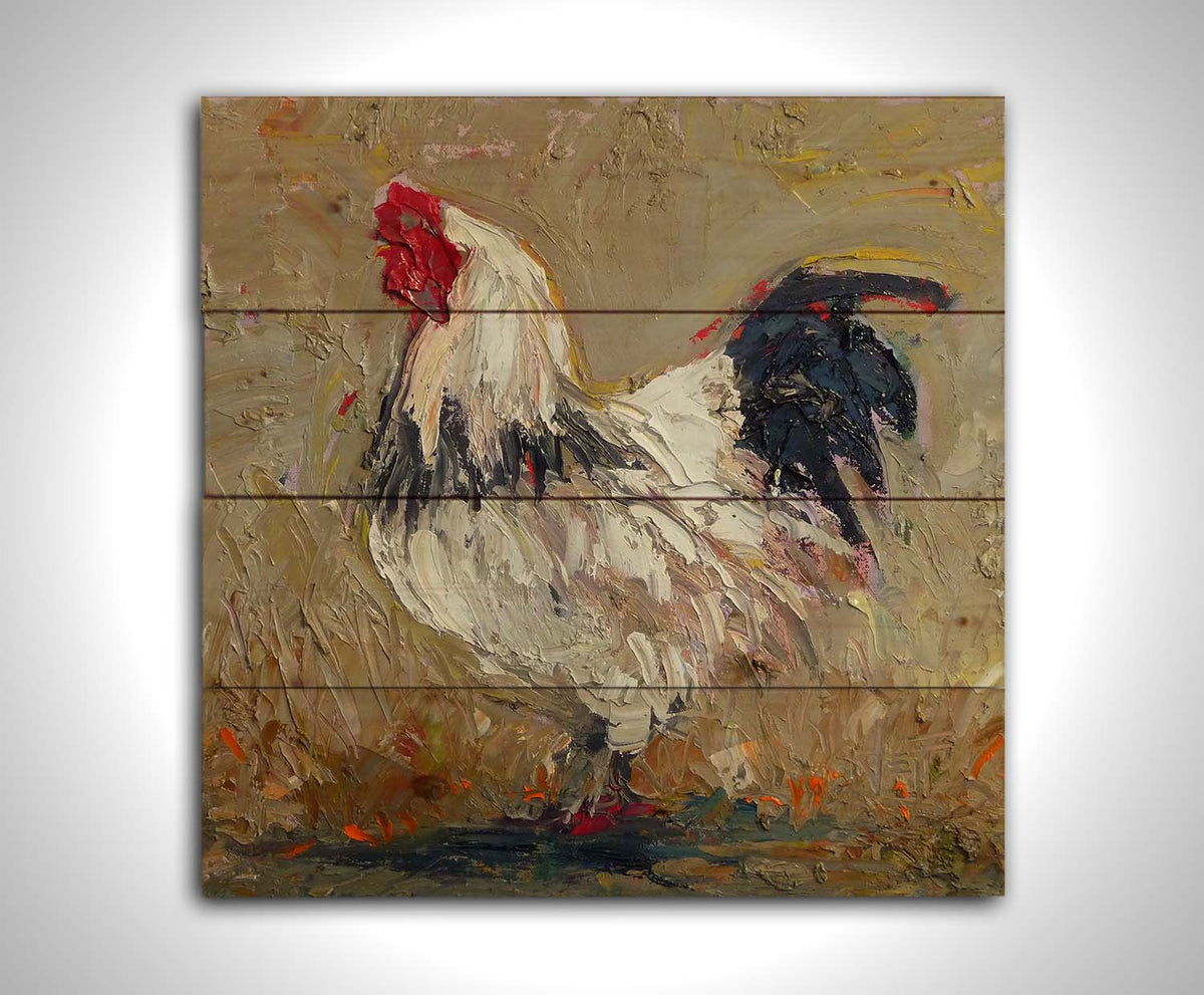 A painting of a white rooster on a tan background. Printed on a wood pallet.