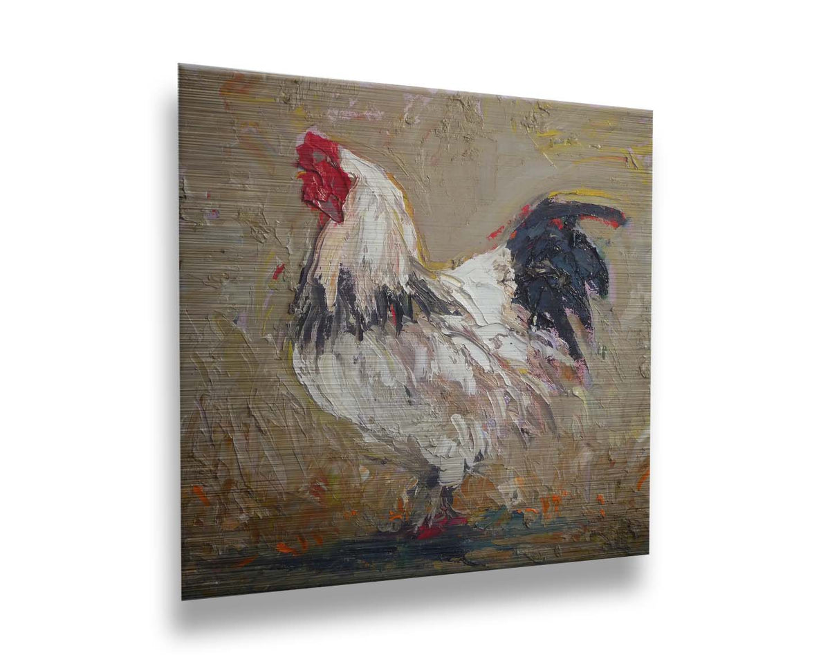 A painting of a white rooster on a tan background. Printed on metal.