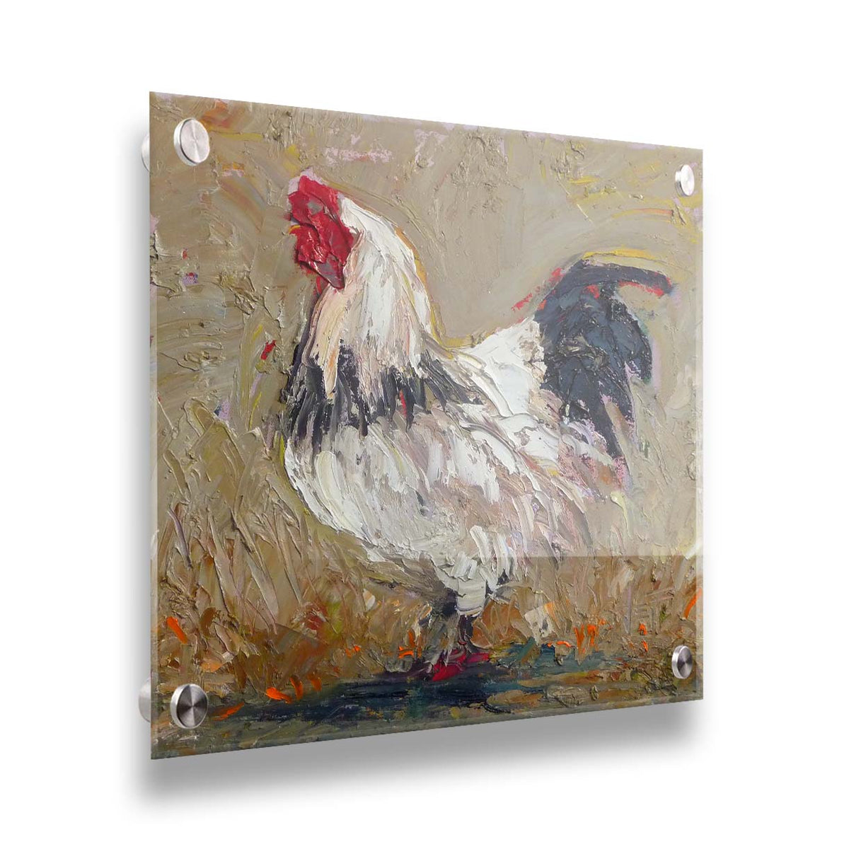 A painting of a white rooster on a tan background. Printed on acrylic.