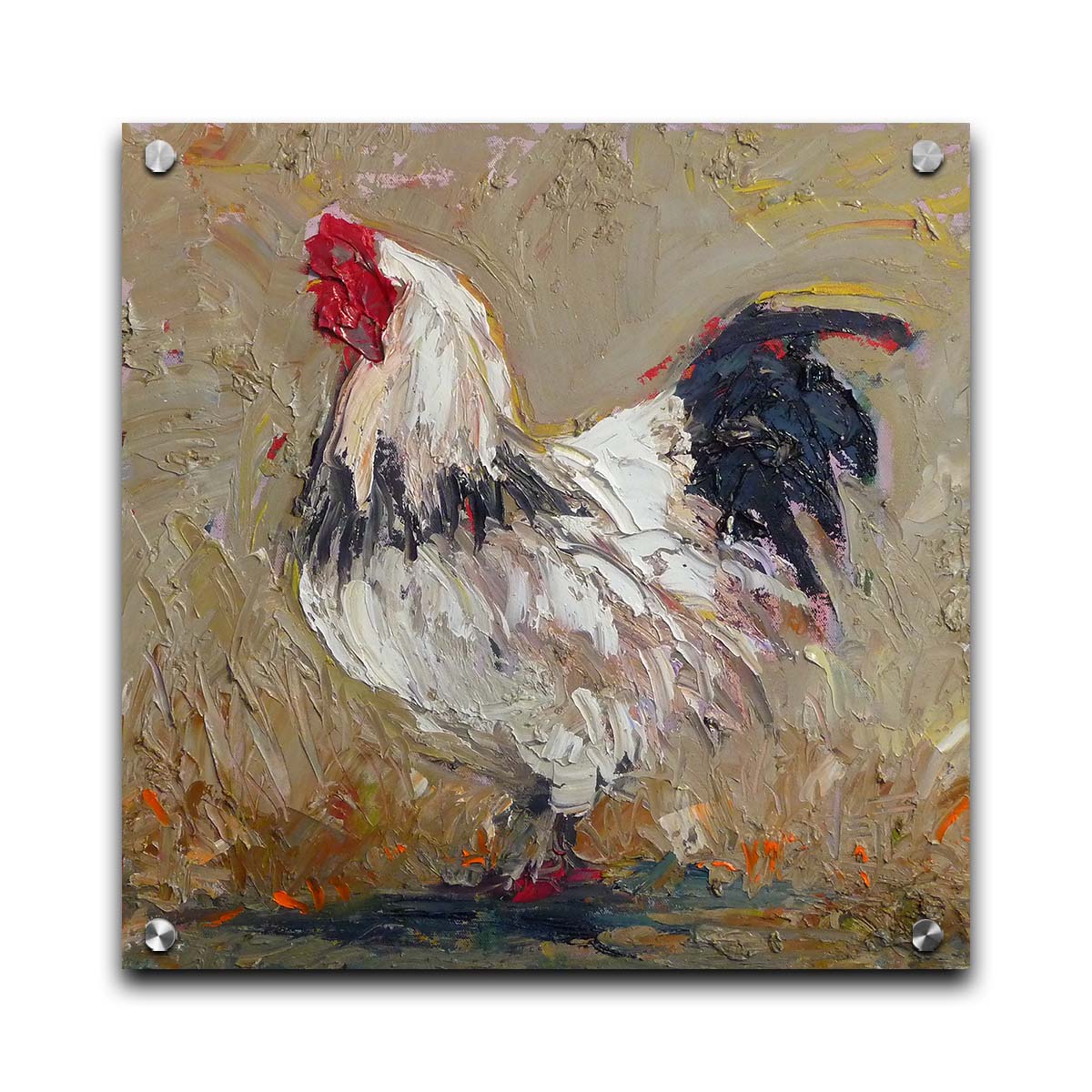 A painting of a white rooster on a tan background. Printed on acrylic.