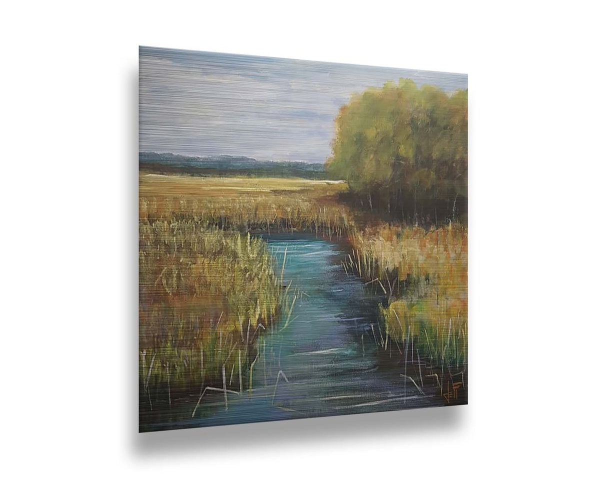 A painting of a stream running through fields of yellow grasses, with clusters of trees to one side. Printed on metal.