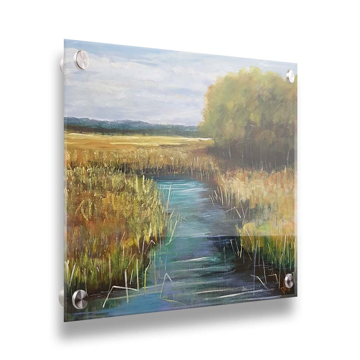 A painting of a stream running through fields of yellow grasses, with clusters of trees to one side. Printed on acrylic.