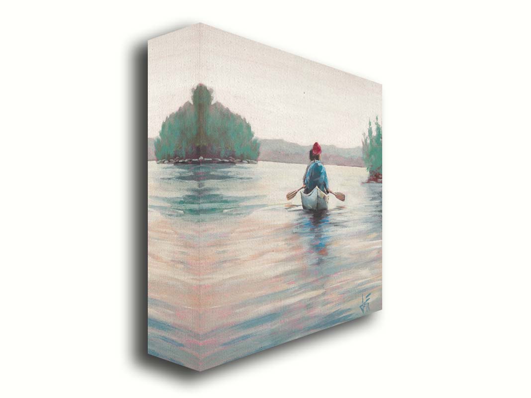 A painting of two people paddling a canoe across a lake in the early morning. The sky is pale reflecting on the water, and green trees line the shore along the lake. Printed on canvas.