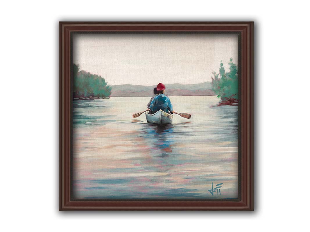 A painting of two people paddling a canoe across a lake in the early morning. The sky is pale reflecting on the water, and green trees line the shore along the lake. Printed on canvas and framed.