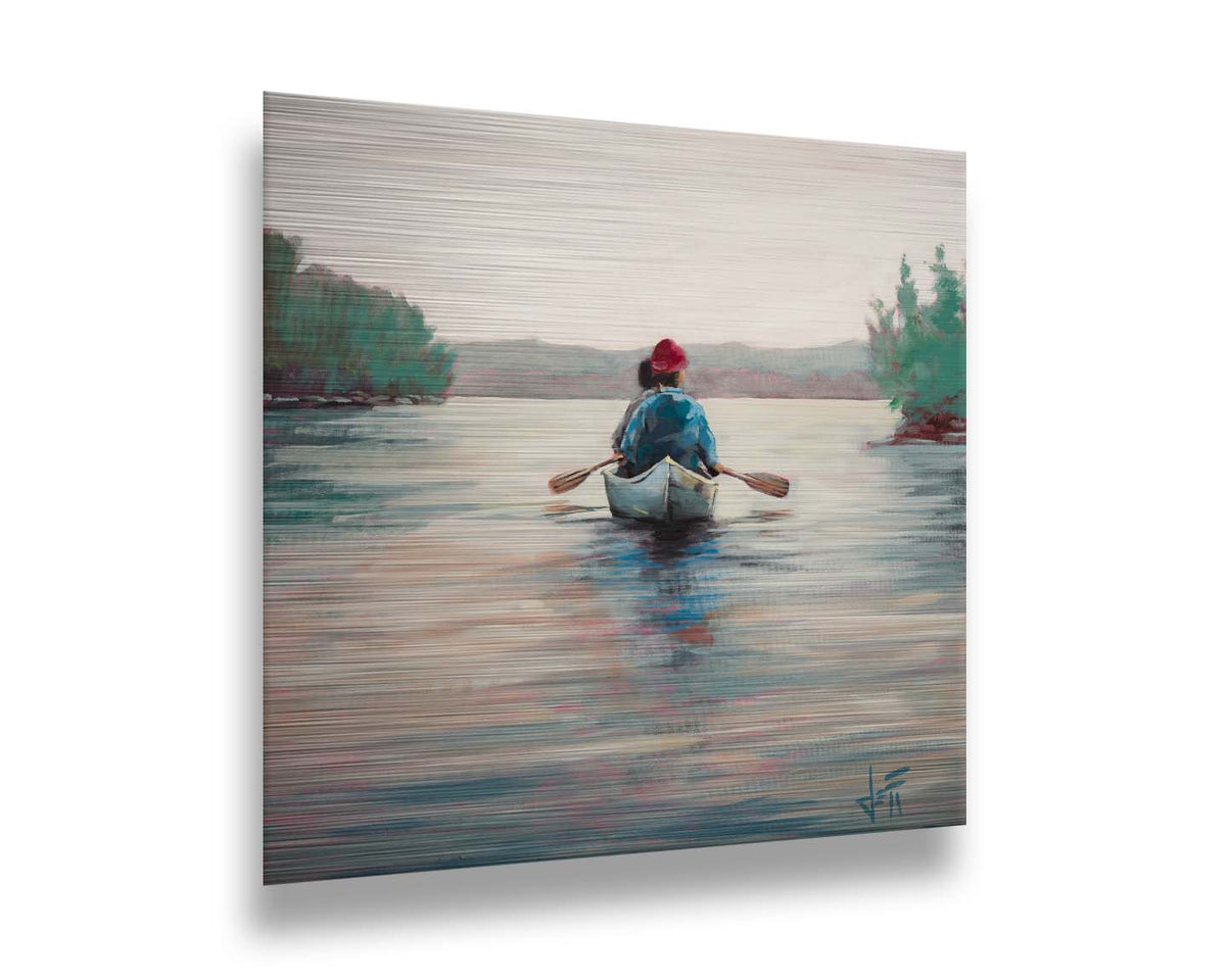 A painting of two people paddling a canoe across a lake in the early morning. The sky is pale reflecting on the water, and green trees line the shore along the lake. Printed on metal.