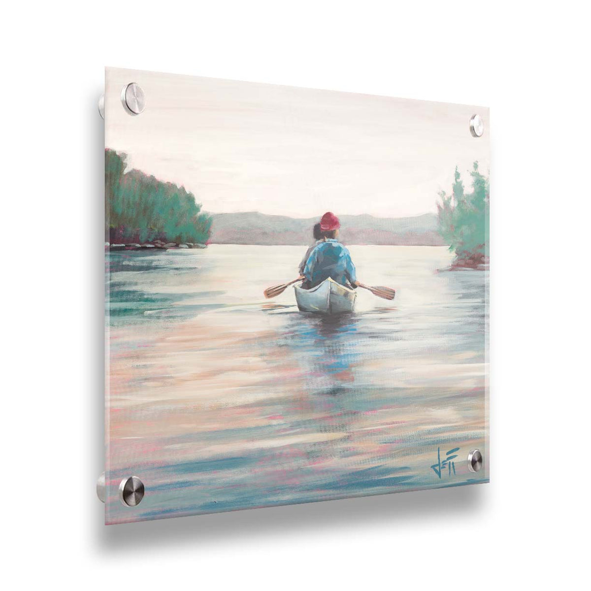A painting of two people paddling a canoe across a lake in the early morning. The sky is pale reflecting on the water, and green trees line the shore along the lake. Printed on acrylic.
