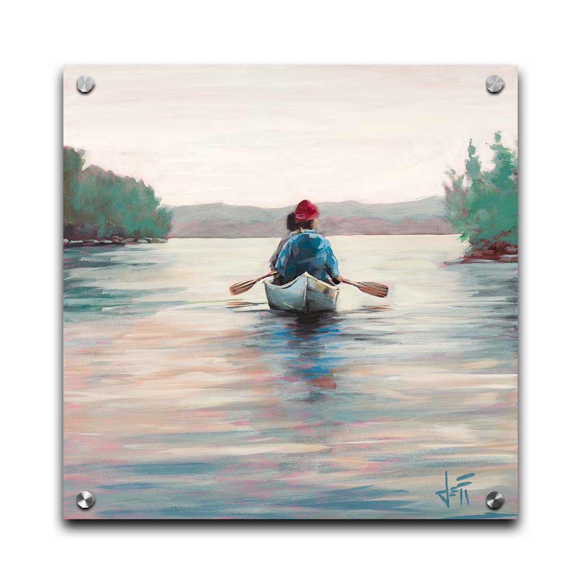 A painting of two people paddling a canoe across a lake in the early morning. The sky is pale reflecting on the water, and green trees line the shore along the lake. Printed on acrylic.