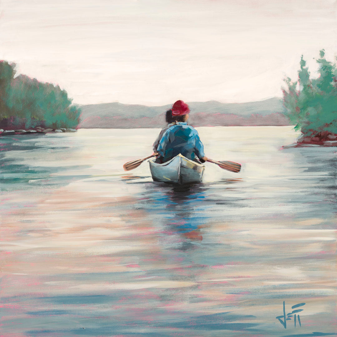 A painting of two people paddling a canoe across a lake in the early morning. The sky is pale reflecting on the water, and green trees line the shore along the lake.