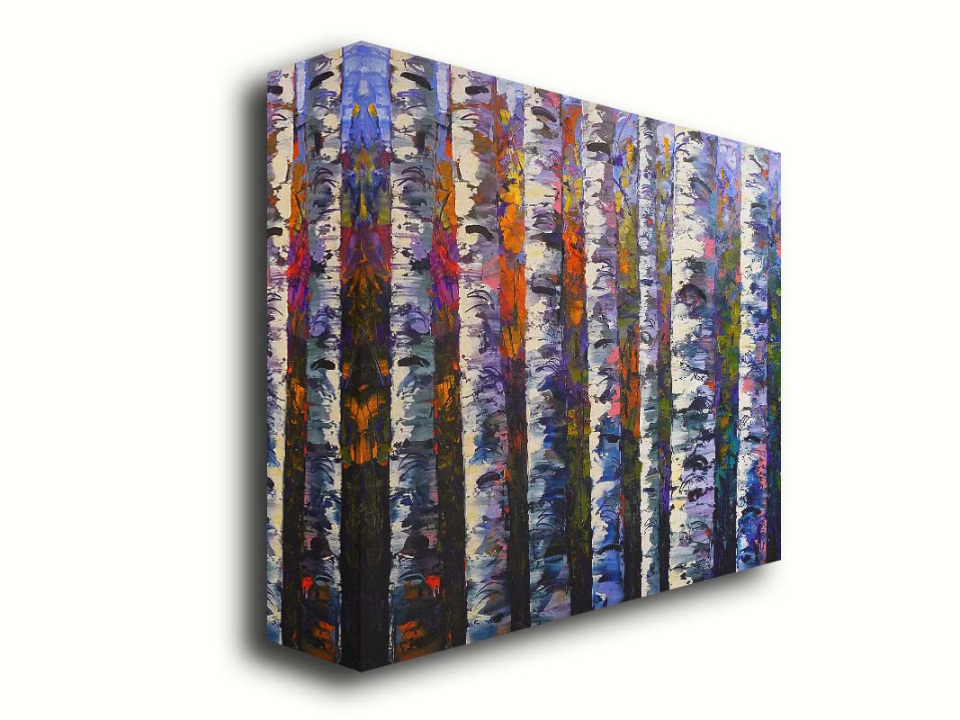 An expressive impasto painting of a birch forest. Parallel white trunks shadowed with blue and purple are backed by a rainbow of leaves. Printed on canvas.